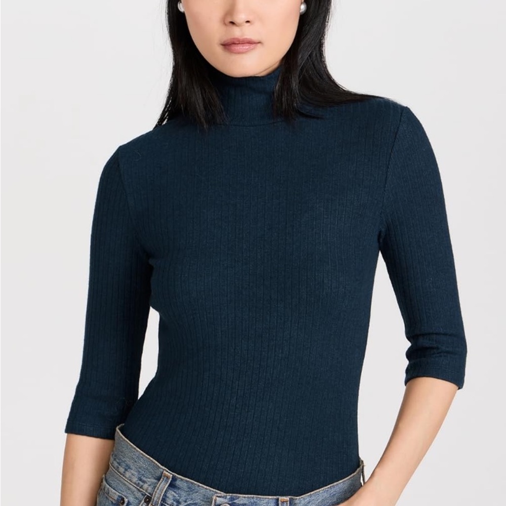 Vince Navy Ribbed 3/4 Sleeve Turtleneck Sweater